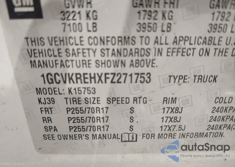 2015 Chevrolet Silverado 1500 1Lt z USA, uszkodzony, nr VIN 1GCVKREHXFZ271753